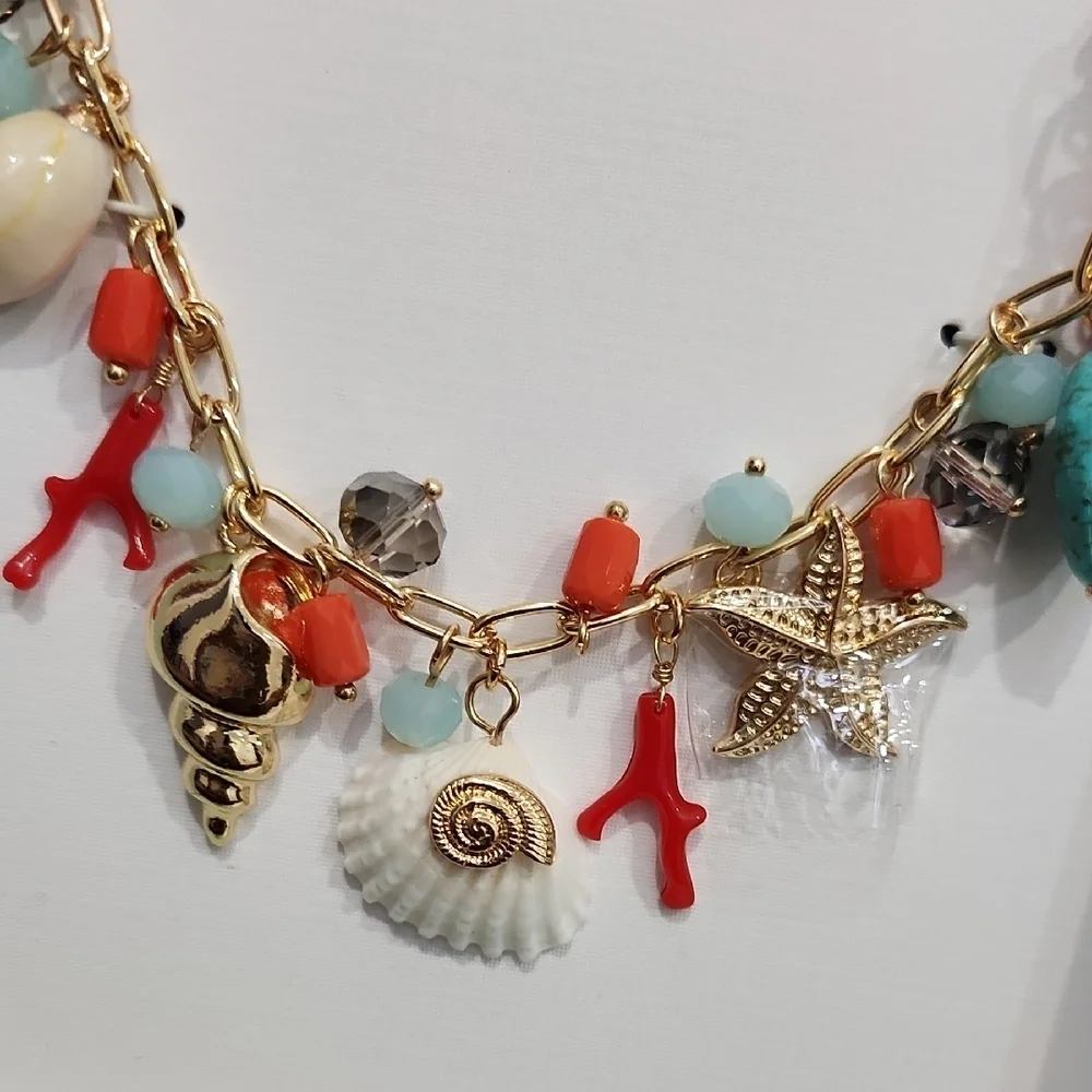 🪸▪️House of Harlow▪️ 1960 Gold and Coral Natural Shell 17in Charm  Necklace